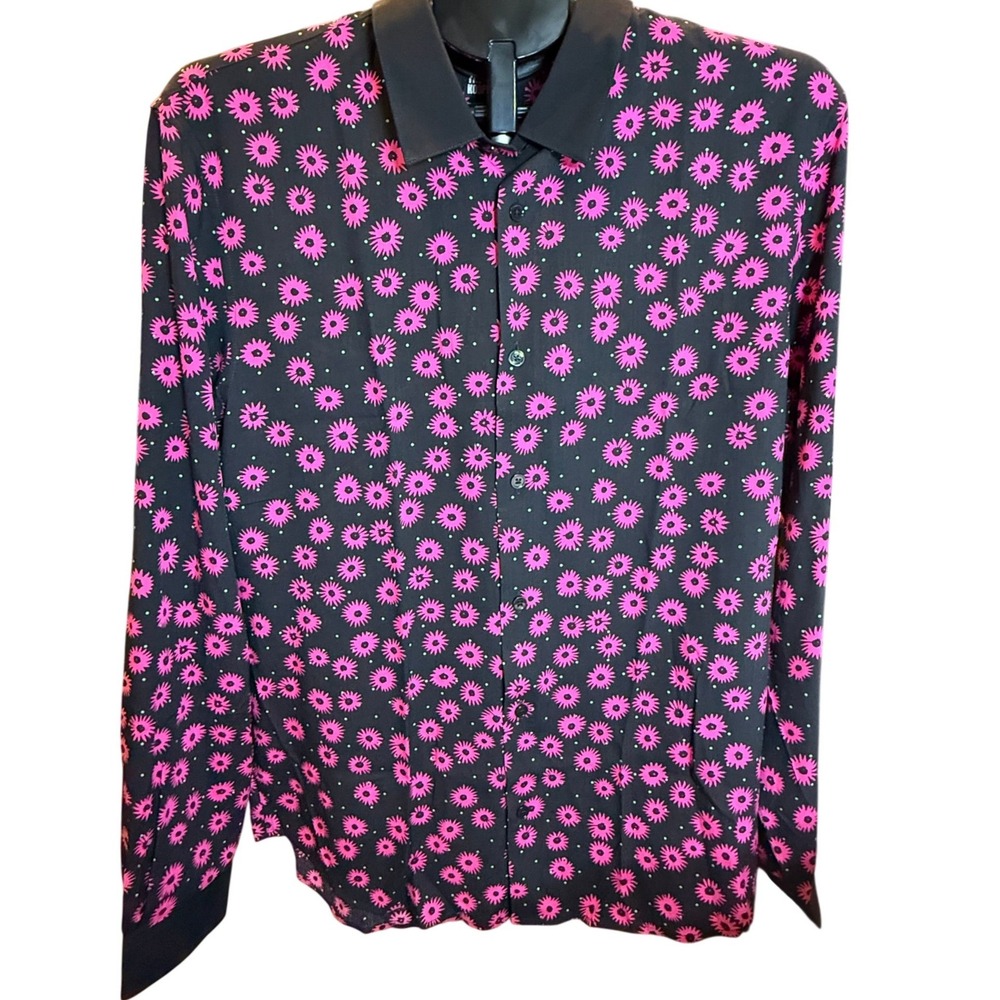 The Kooples Mens Daisy Dots Extra Big Floral Button Down Shirt Black Pink Size M